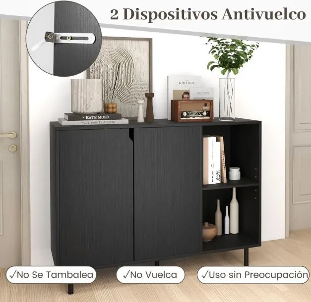 Aparador, Armário moderno para cozinha 106 x 38 x 80 cm com 2 portas e prateleira Preto