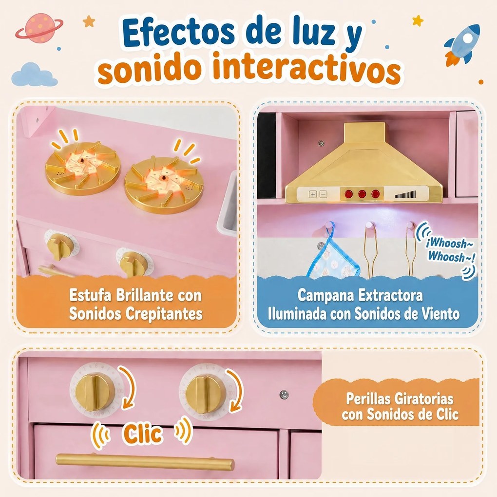 Cozinha Infantil de Brincar, 79,5 x 29,5 x 97 cm, com Exaustor e Quadro para Desenhar, Cor-de-rosa