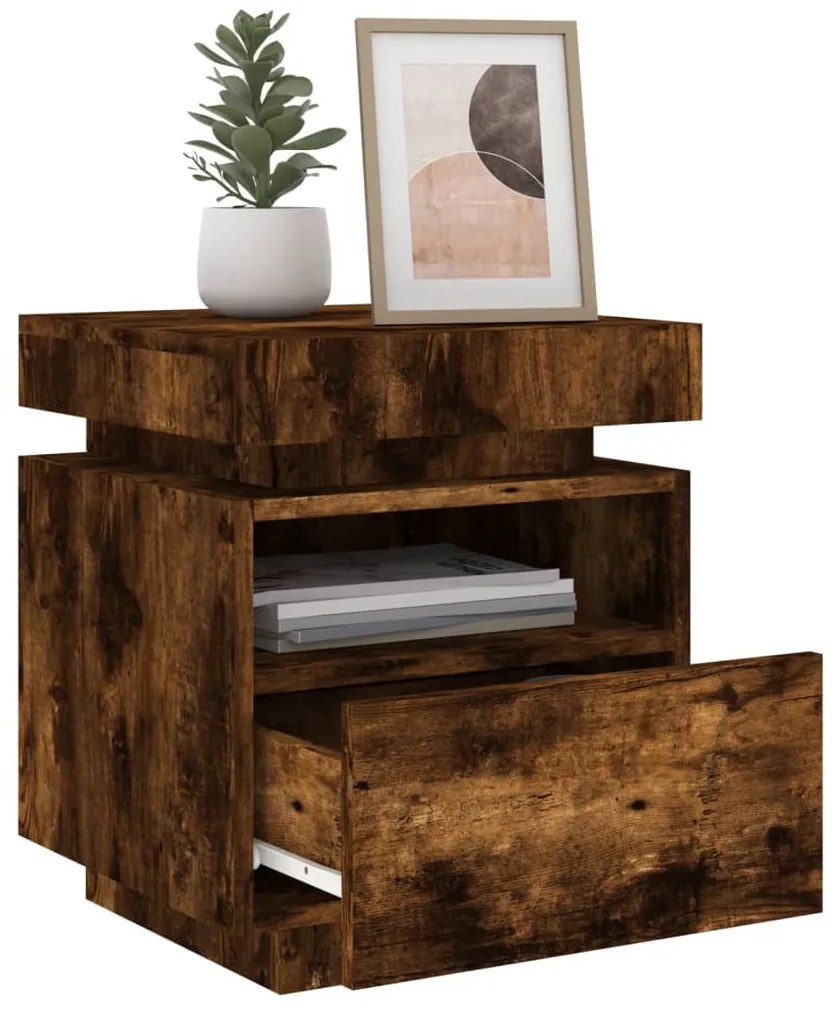 Mesa de cabeceira c/ LEDs 40x39x48,5 cm carvalho fumado