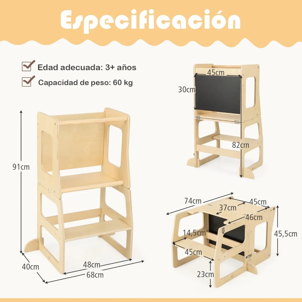 Torre de pé de cozinha dobrável 3 em 1 para crianças com mesa de quadro negro Banco de segurança para casa de banho Barra de segurança para casa de ba