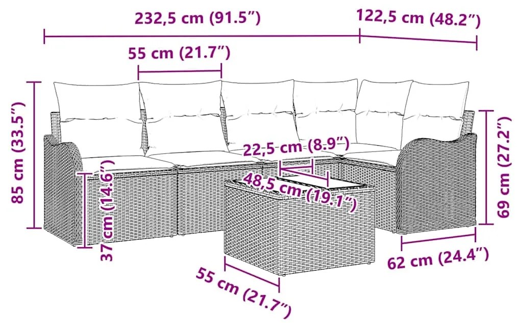 Conjunto de Sofás para Jardim com 6 peças e almofadas em rattan preto.