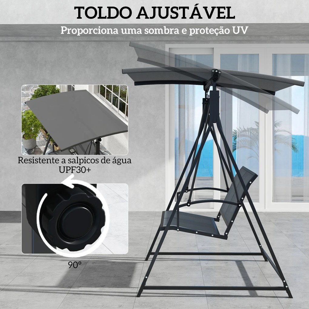 Baloiço de Jardim de 2 Lugares com Toldo Ajustável 90° Proteção UV 30+ e Estrutura Triangular 160x112x162 cm Cinzento Escuro