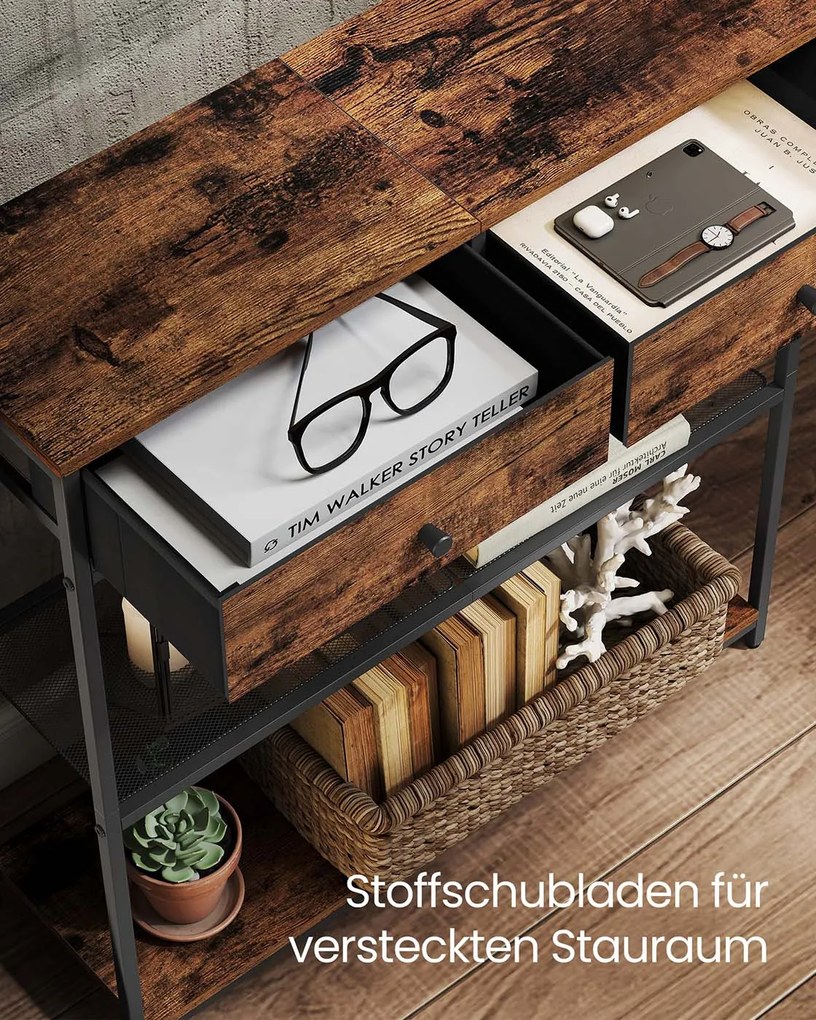 Mesa consola estreita com duas gavetas em tecido 24 x 76 x 80 cm Castanho vinatge + Preto