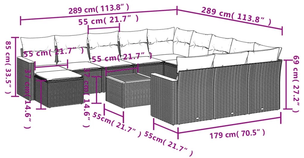 13 pcs conjunto de sofás de jardim com almofadões vime PE preto