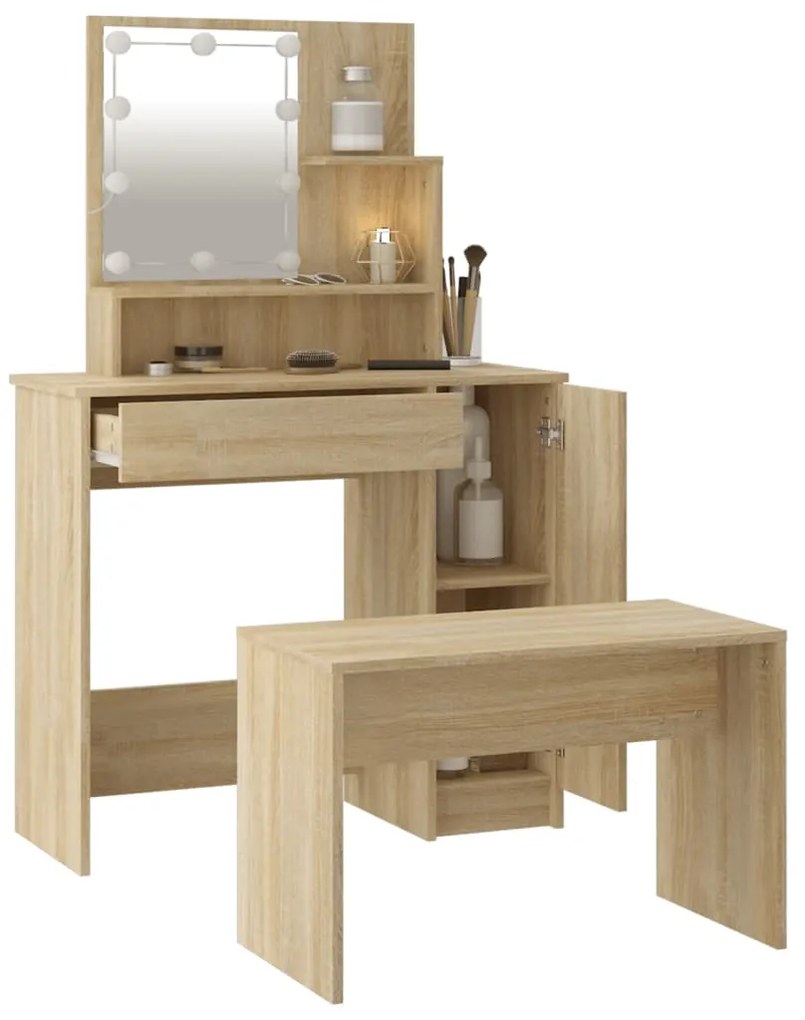 Conjunto toucador c/ LEDs madeira processada carvalho sonoma