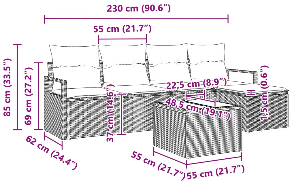 Conjunto de Sofá de Jardim vidaXL 5 Peças com Almofadas Preto Poliratt