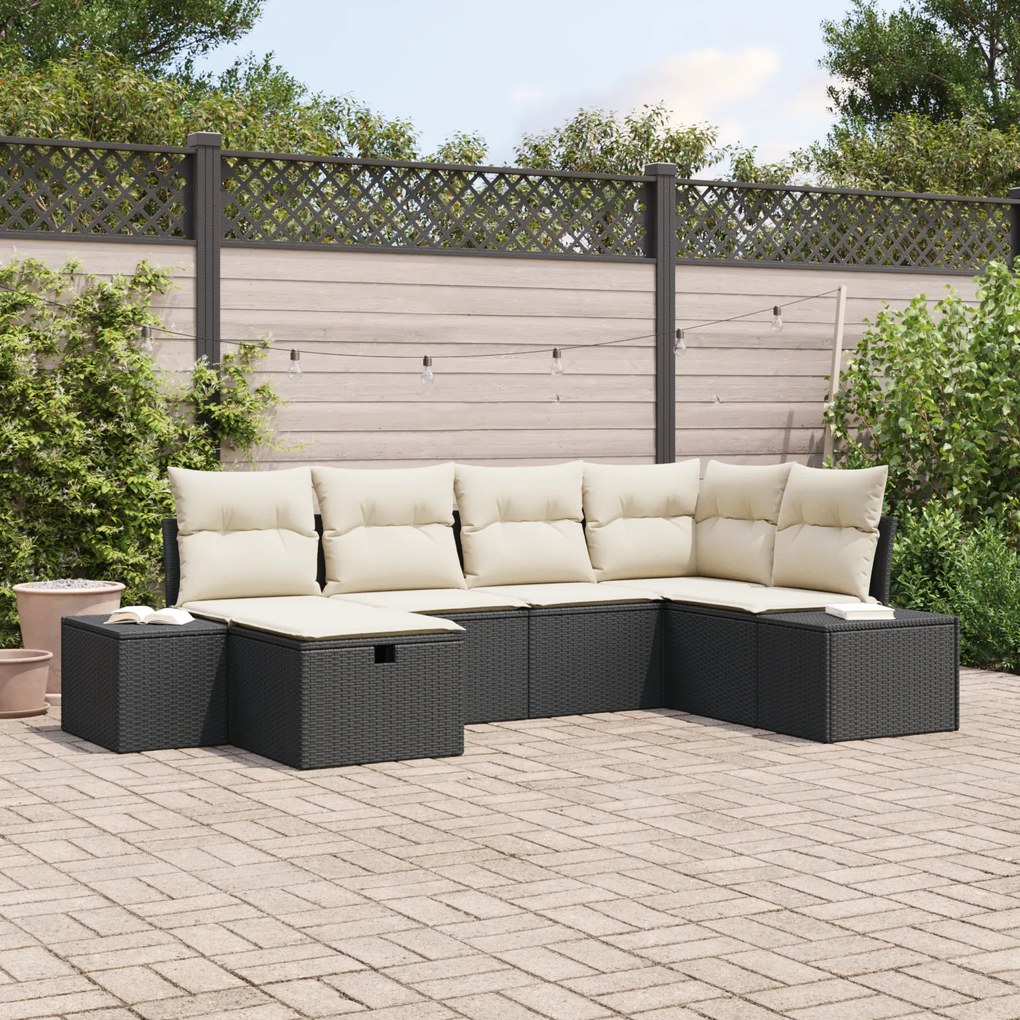 Conjunto de Sofá de Jardim de 6 Peças com Almofadas Preto Vime Sintéti