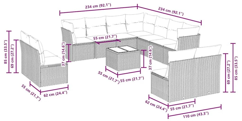 12 pcs conj. sofás jardim com almofadões vime PE cinzento-claro