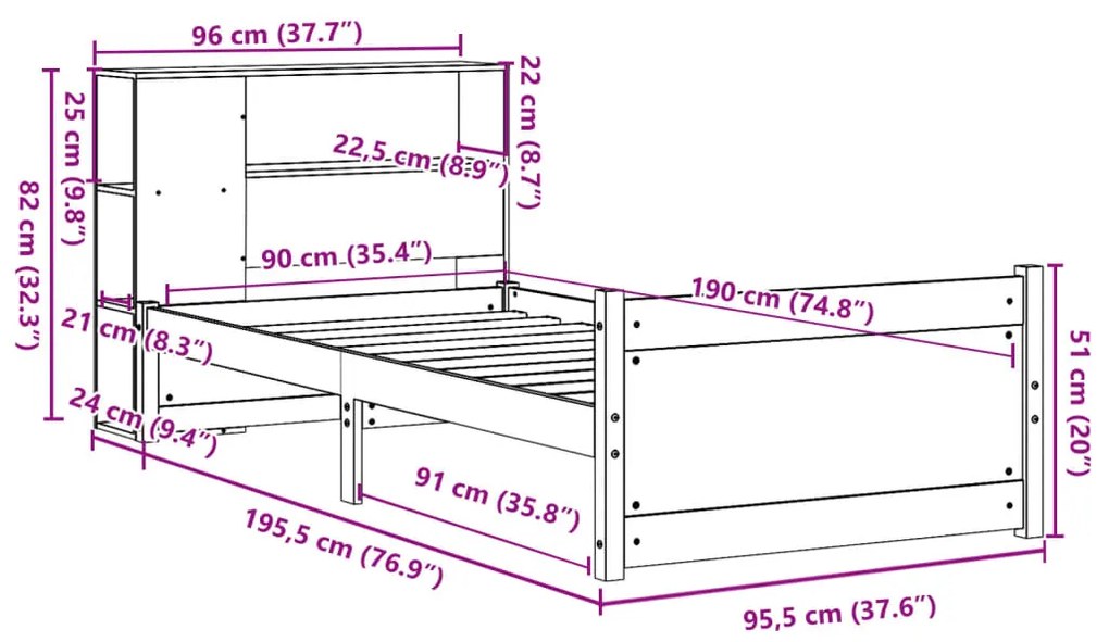 Cama com estante sem colchão 90x190 cm pinho maciço branco