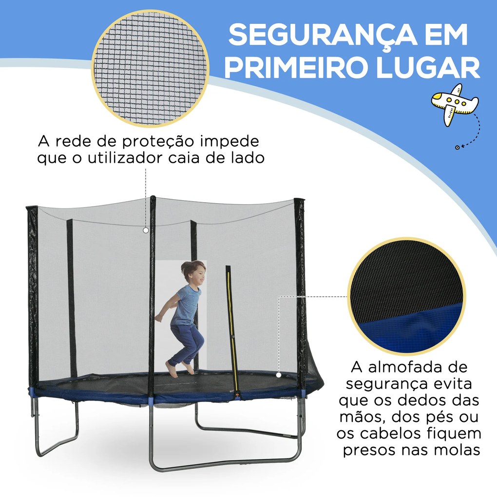 Trampolim de Exterior Ø305x250 cm Trampolim para Crianças e Adultos com Rede de Segurança e Escada Azul