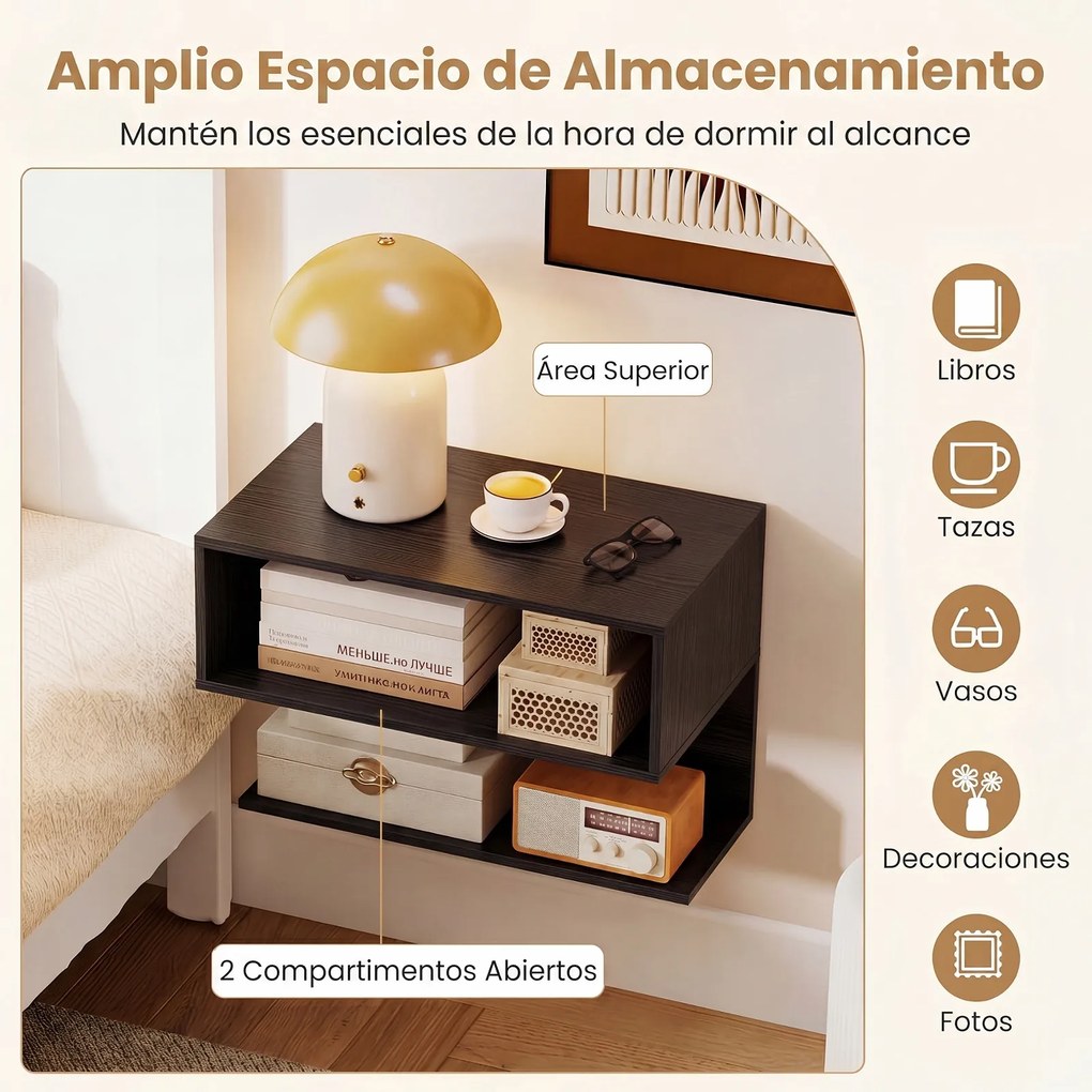 Conjunto de 2 Mesas de Cabeceira Flutuantes, 50 x 30 x 36,5 cm, 2 Compartimentos Abertos, Preto