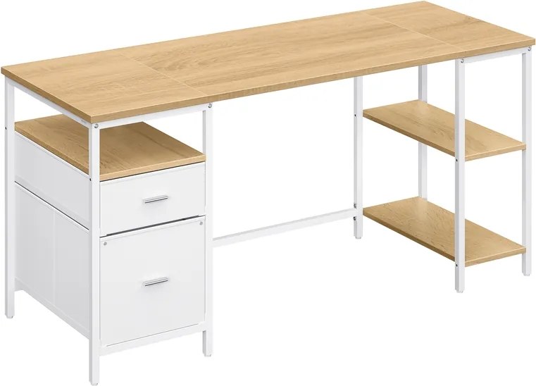 Secretaria para computador 160 x 60 x 76 cm com 3 prateleiras e 2 gavetas em cor de carvalho natural-branco nuvem