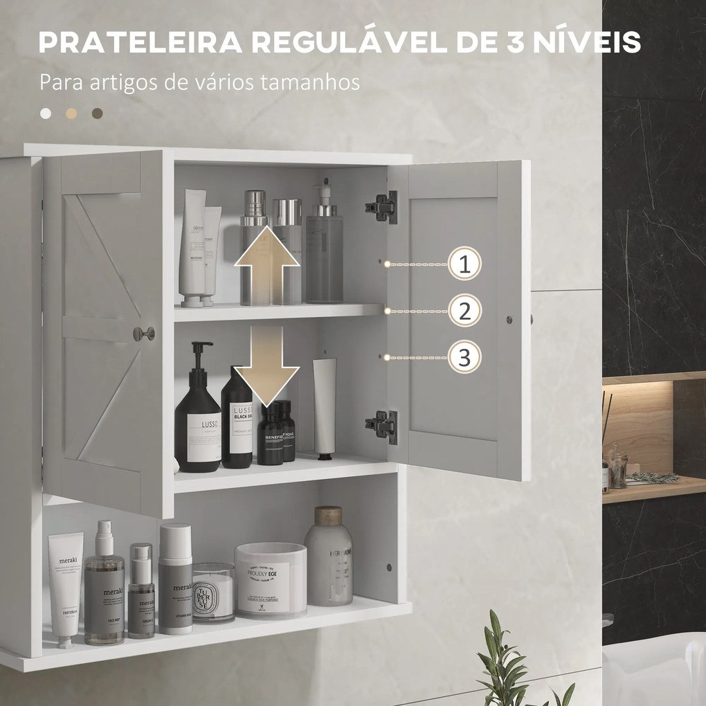 Armário de Parede para Casa de Banho Rústico com Compartimento Prateleira Ajustável 58x20x61,4 cm Branco