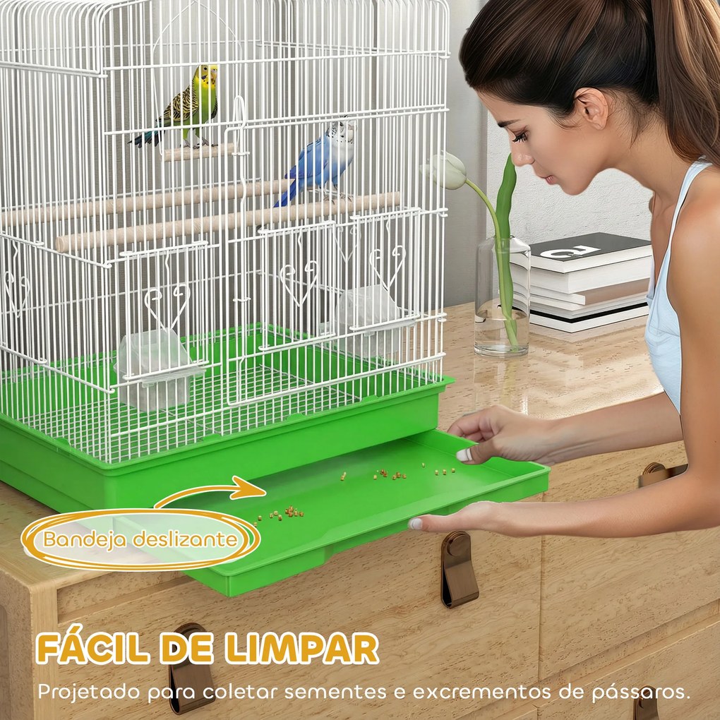 Gaiola para Pássaros Gaiola de Aço com 2 Alimentadores 2 Poleiros Baloiço e Bandeja Removível Pega 46,5x36x59 cm Verde