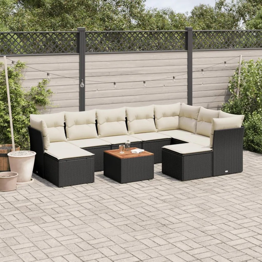 10 pcs conjunto sofás de jardim c/ almofadões vime PE preto