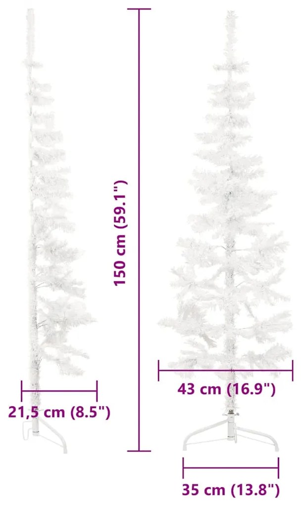 Meia árvore de Natal fina com suporte 150 cm branco
