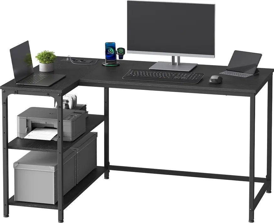 Secretária com espaço de arrumação em L 120 x 80 x 76 cm, prateleira ajustável em altura Preto
