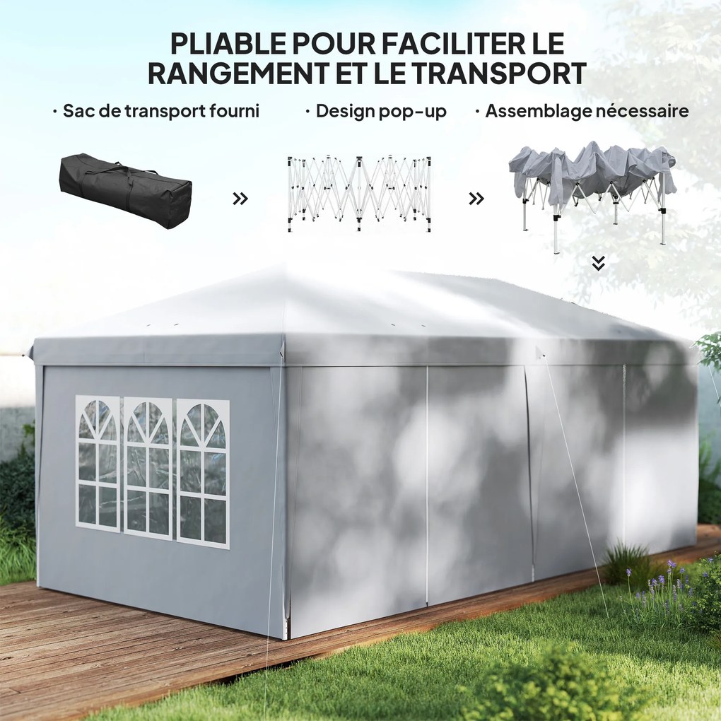 Tenda dobrável tipo barnum pop-up 6 x 3 x 2,7 m, 4 paredes laterais amovíveis, 4 janelas, saco de transporte cinzento claro