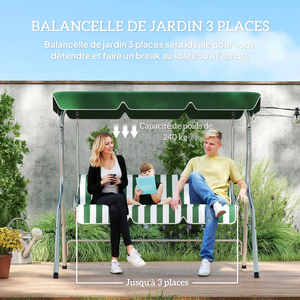 Baloiço de jardim de 3 lugares 170 C x 110 L x 153 A cm, baloiço de exterior com teto e inclinação ajustável, padrão às riscas, verde
