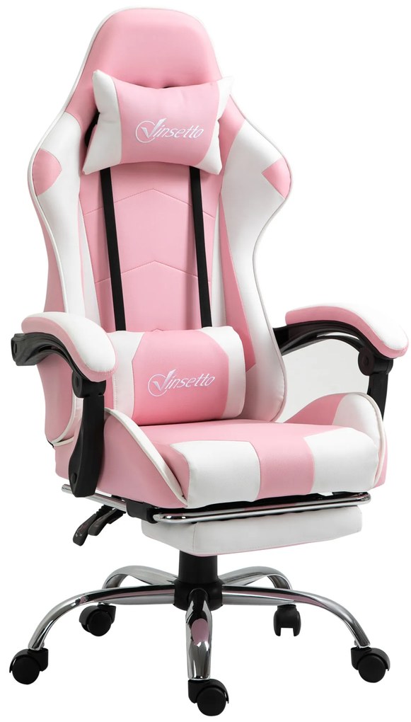 Vinsetto Cadeira Gaming Ergonómica Reclinável Giratória com Apoio para a Cabeça Apoio para os Pés e Almofada 64x67x119-127 cm Rosa | Aosom Portugal