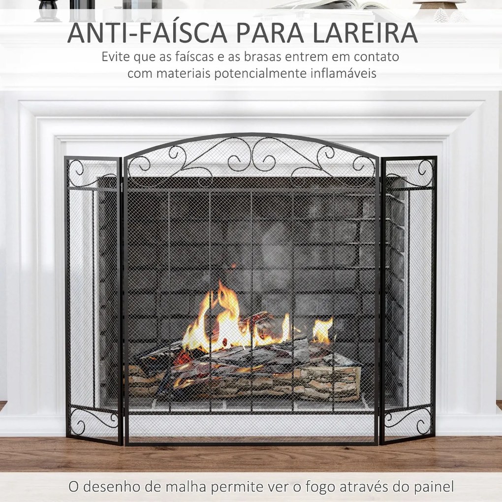 Protetor Dobrável para Lareira Protetor para Lareiras com 3 Painéis Dobradiças Estrutura de Metal e Arame Decorativo 105x80,5cm Preto