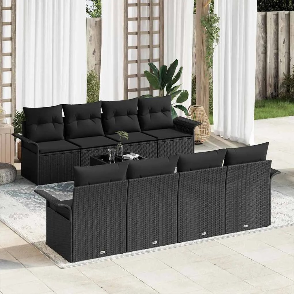 vidaXL Conjunto de Sofá para Jardim 9 Peças da com Almofadas Pretas em Rattan e Poliéster.