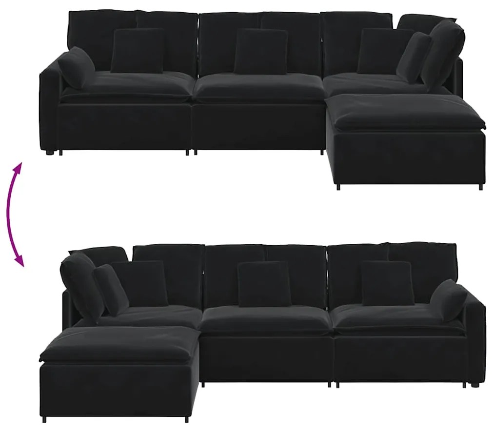 Sofá modular com pufes e almofadas veludo preto
