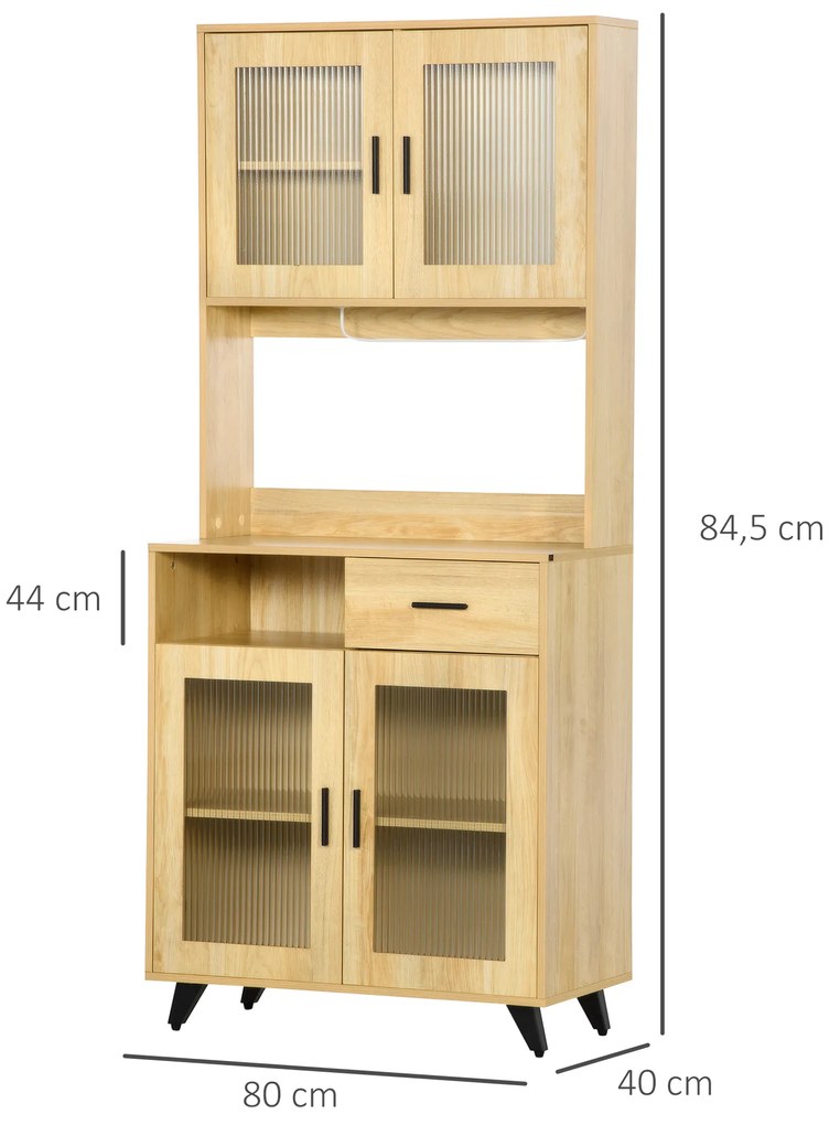 Armário para Cozinha Móvel Auxiliar de Cozinha com 1 Gaveta 4 Portas de Vidro Barra para Pendurar e Pés Elevados para Sala de Jantar Sala de Estar Ant