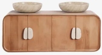 Conjunto De Móvel De Casa De Banho Dupla Suspensa 130x45 Cm Em Madeira De Manga E Pedra Natural Kivalina Sem Espelho & Sem Torneira & Travertino - Mad