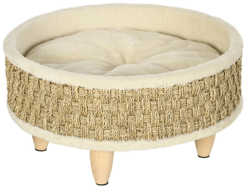 PawHut Cama Elevada para Gatos Cama para Cães Miniatura com Almofada Lavável Corda de Seagrass Estrutura de Madeira Ø48x24,5 cm Bege | Aosom Portugal