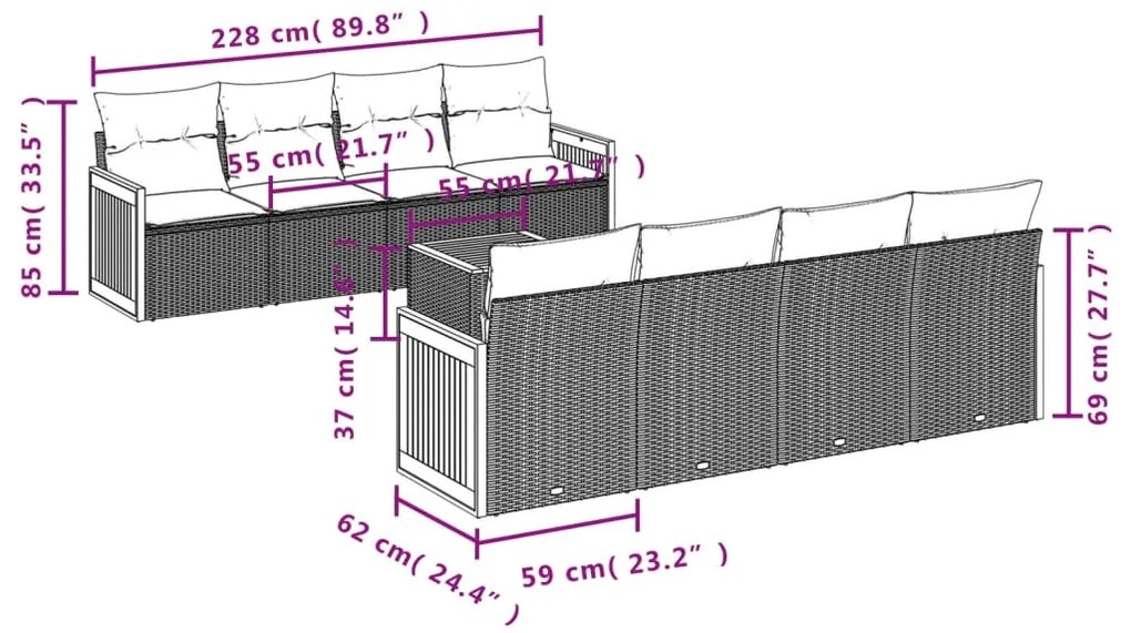 9 pcs conjunto de sofás p/ jardim com almofadões vime PE bege