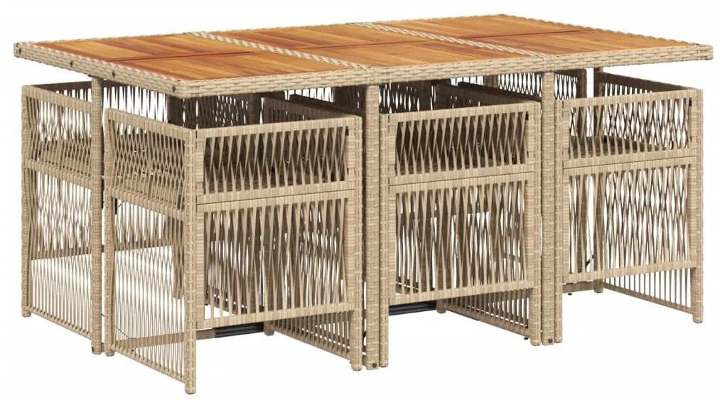 7 pcs conjunto de jantar p/ jardim com almofadões vime PE bege