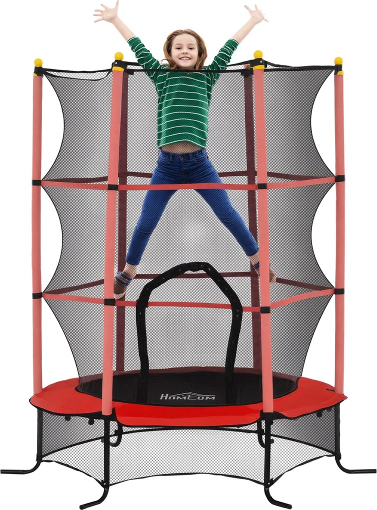 Trampolim infantil Ø 1,63 × 1,9 m de altura Rede de segurança Porta com fecho de correr Proteção para molas 6 postes almofadados Incluído Vermelho
