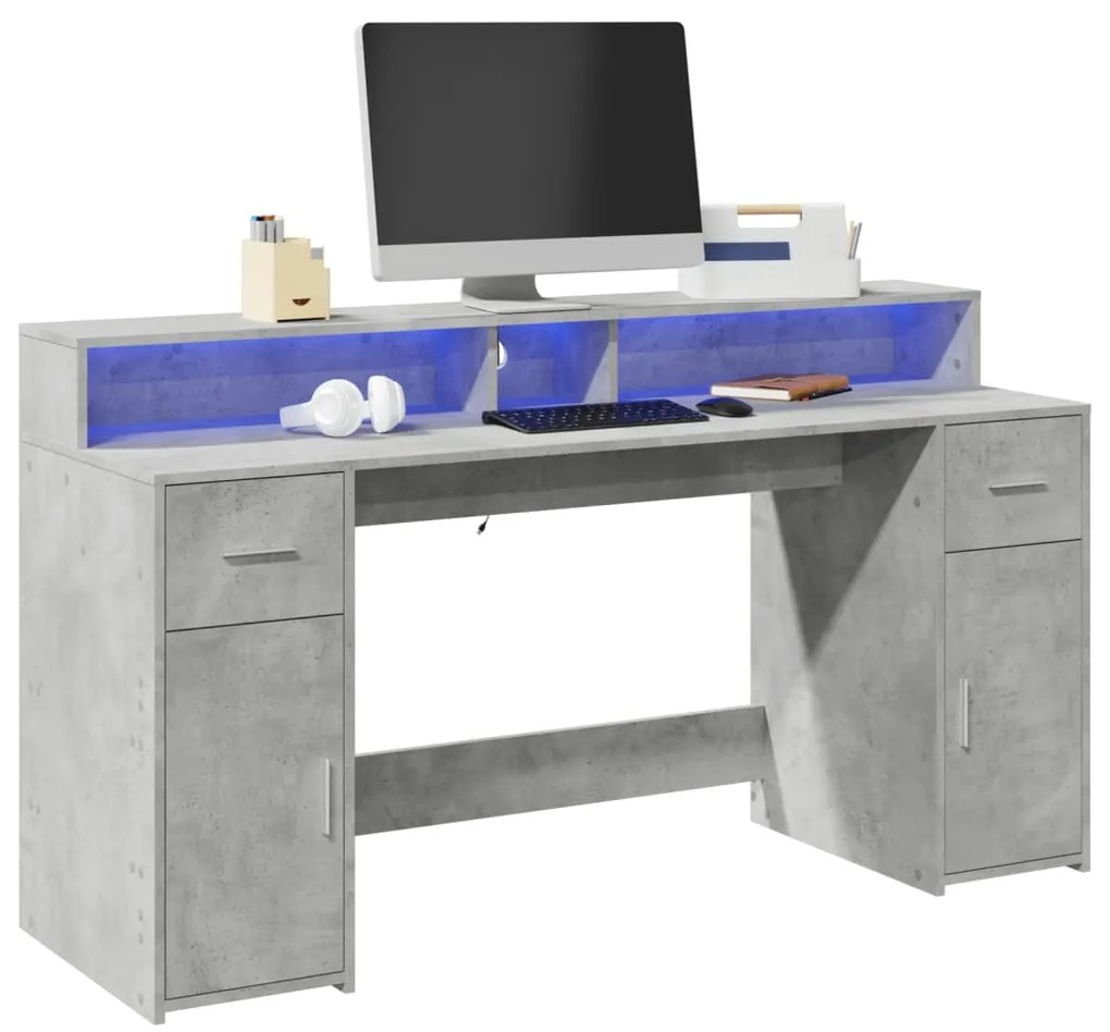 vidaXL Secretária luzes LED 160x55x91 cm deriv. madeira cinza cimento