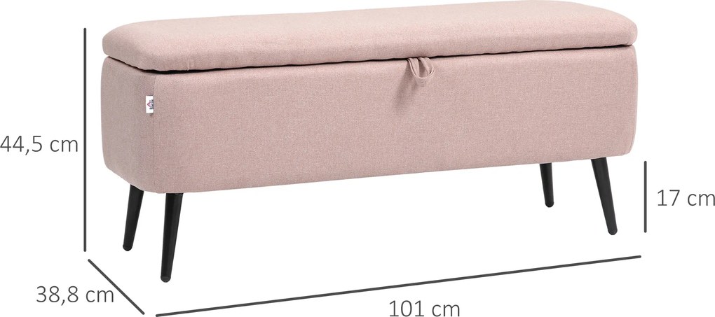 Banco de Armazenamento Estofado em Linho com Tampa Abatível e Pés de Aço Carga Máxima 150kg 101x38,5x44,5 cm Rosa