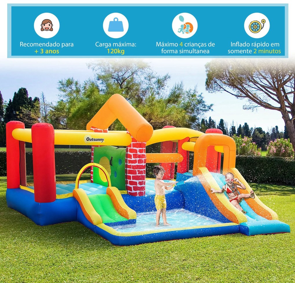 Castelo Insuflável com 2 Escorregas 2 Trampolins e Piscina para Crianç