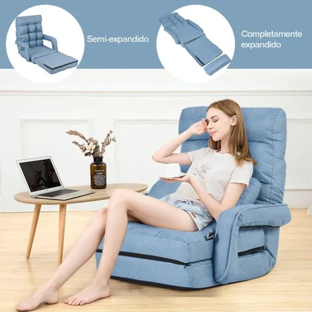 Sofá Cama de Chão individual dobrável com almofada multifuncional para quarto Sala de estar Varanda 67 x 65 x 72 cm Azul