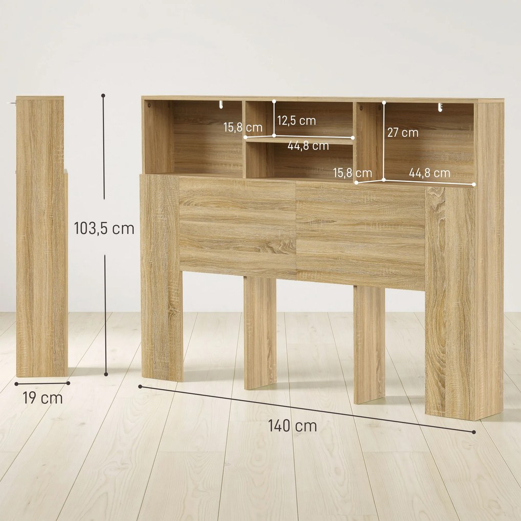 Cabeceira de Cama 140 cm com Arrumação e 4 Compartimentos Abertos, Carvalho