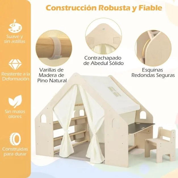 Casa de brincar 6 em 1 em madeira para crianças com quadro negro, secretária, cadeira, 6 cestos, tapete e cortinas para crianças dos 2 aos 6 anos, cor