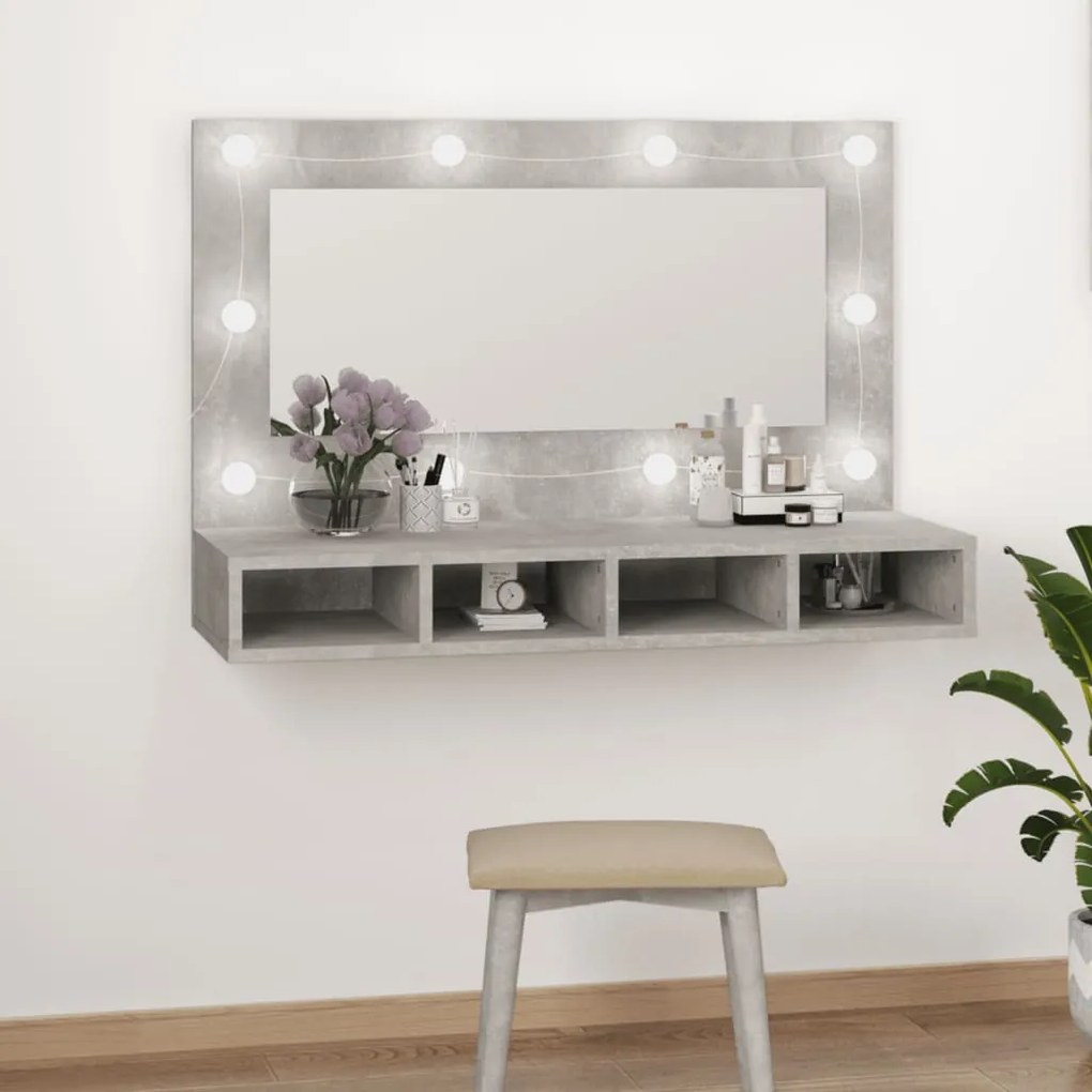 Armário espelhado com LED 90x31,5x62 cm cinzento cimento