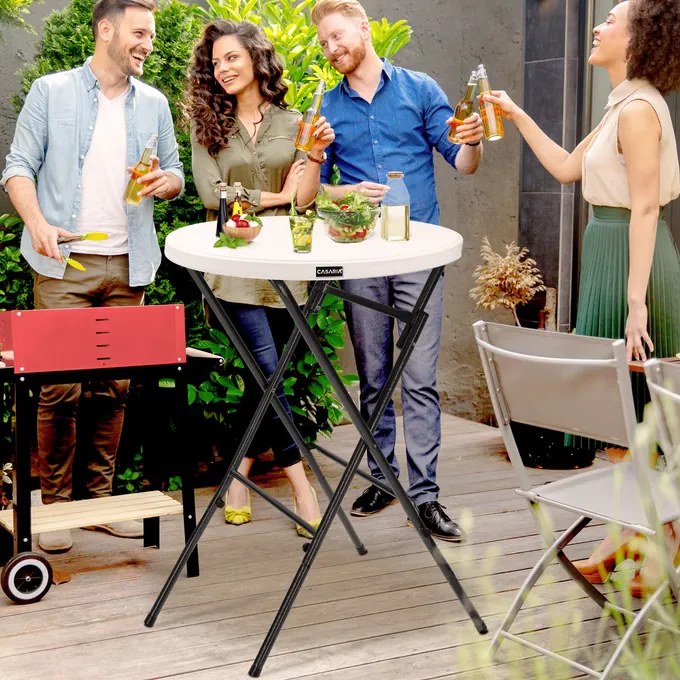 Mesa alta bar jardim em plástico Ø72 cm, dobrável branca
