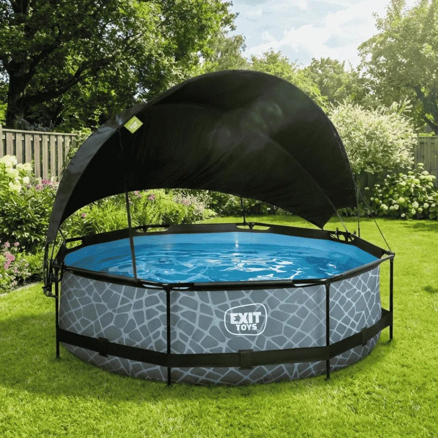 Piscina redonda Stone ø300x76cm com bomba de filtragem e cobertura - Cinzenta