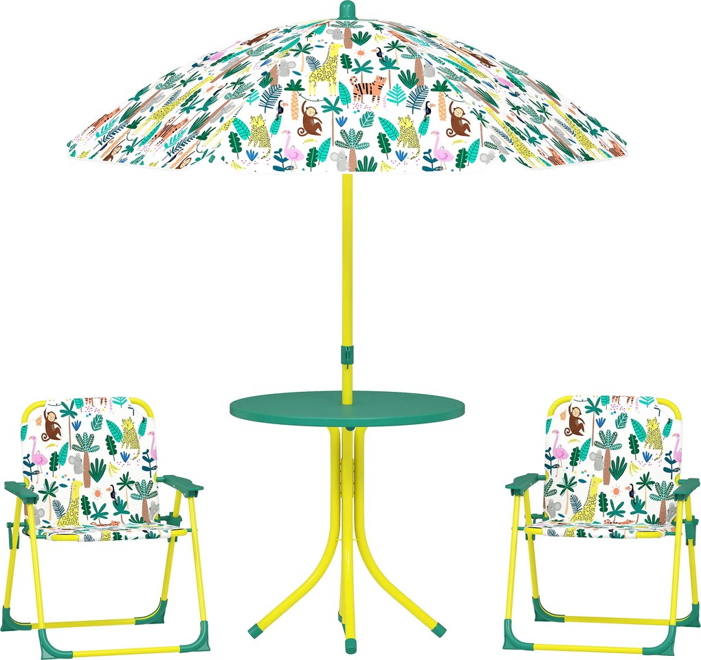 Conjunto de Assentos Infantis Conjunto de 4 Peças com Guarda-sol Removível Mesa Infantil com 2 Cadeiras Dobráveis Verde