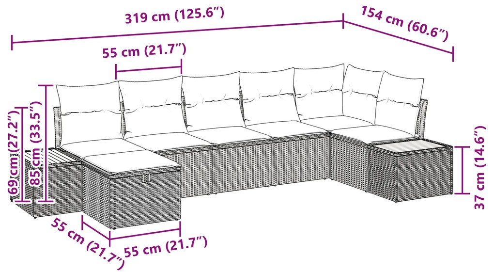 Conjunto de Sofá de Jardim de 7 Peças com Almofadas Bege Poliéster Rat