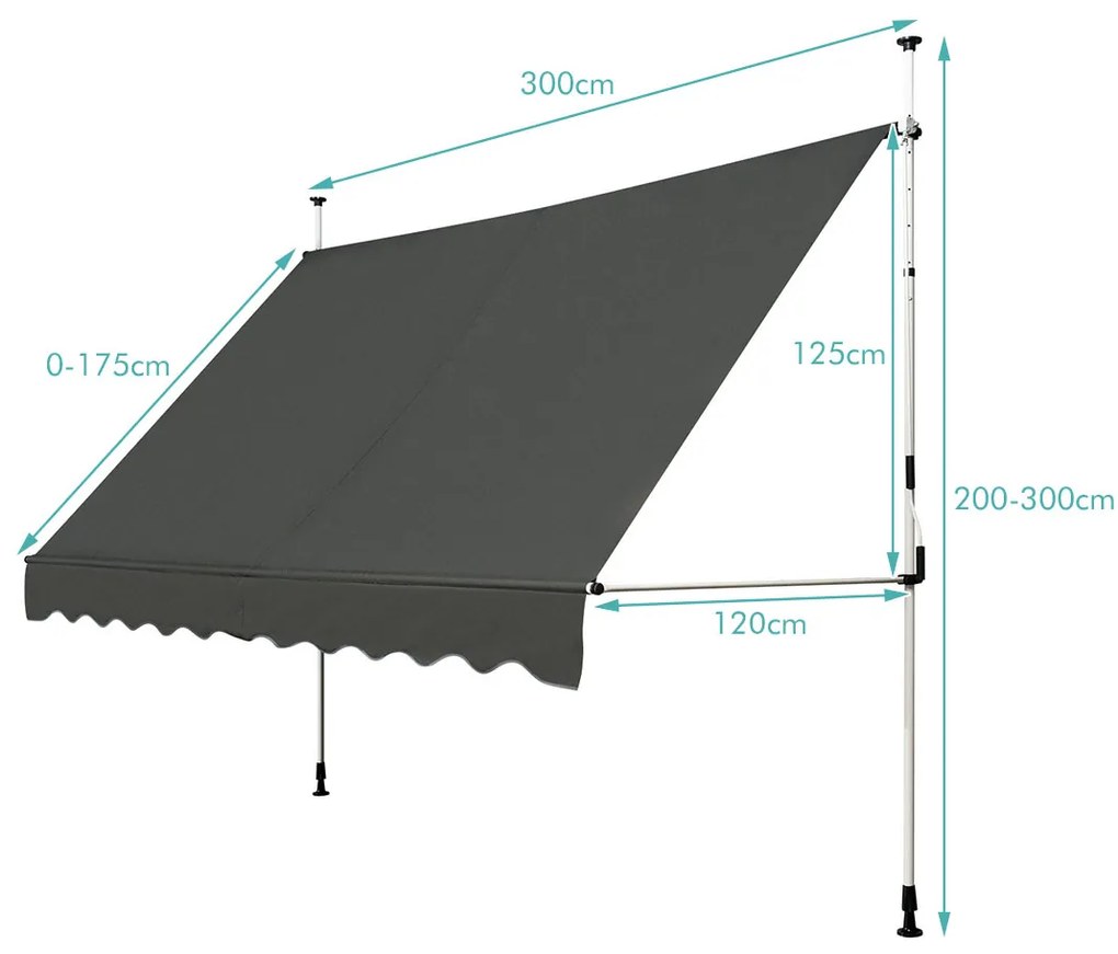 Toldo Telescópico e Retrátil 300 x 120 cm Resistente aos Raios UV Impermeável com Manivela Manual e Altura Ajustável para Janela Varanda Cinza