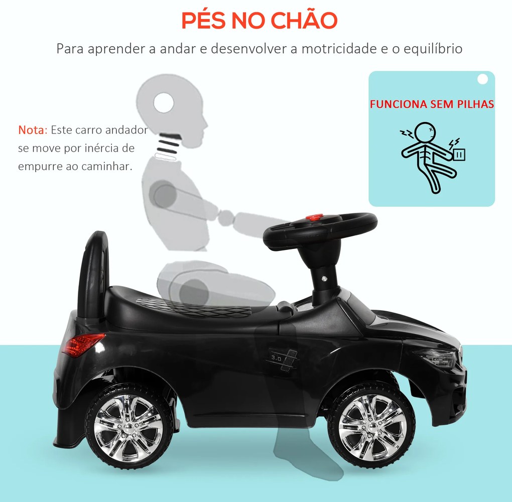 Carro Andador para Crianças com Faróis Música Buzina Volante Compartimento de Armazenamento 63,5x28x36 cm Preto