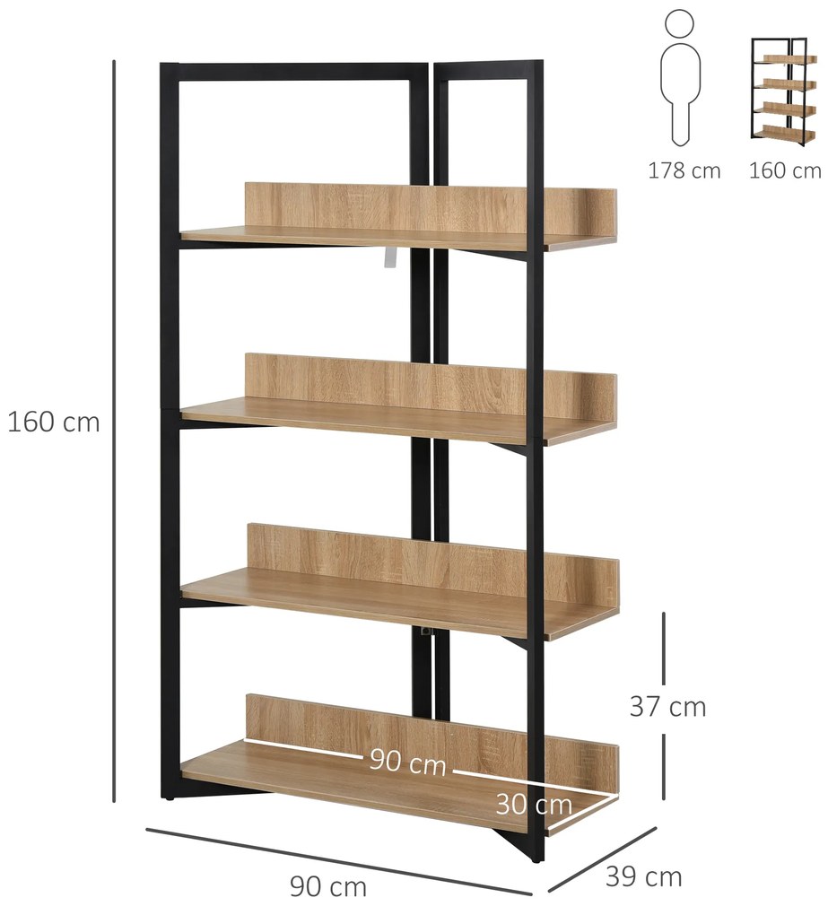 HOMCOM Estante de 4 Níveis Estante de Estilo Industrial com Grande Espaço de Armazenamento Sistema Anti-Tombo 90x39x160cm Preto e Carvalho
