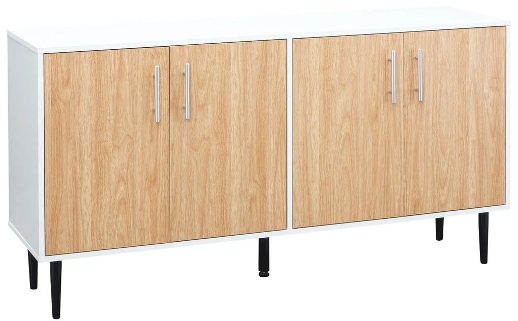 HOMCOM Aparador de Cozinha com 4 Portas Prateleiras Ajustáveis e Pés Metalicos Móvel Auxiliar Moderno para Sala de Estar Sala de Jantar 147,2x40,5x76,2cm Natural e Branco