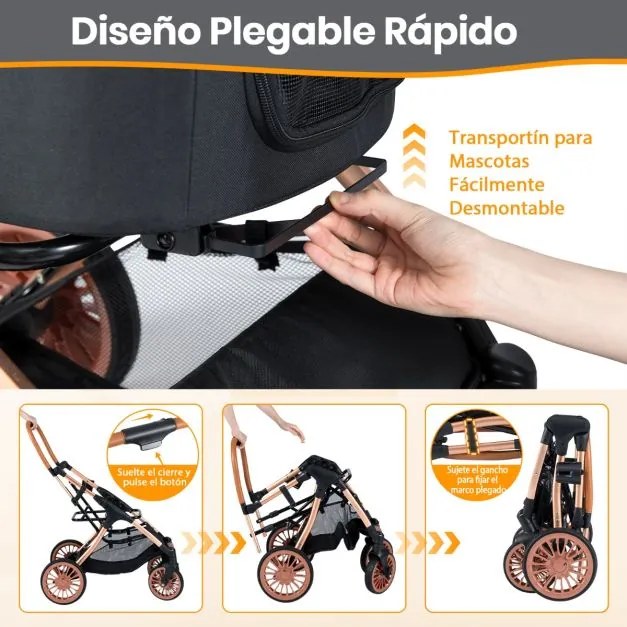 Carrinho para animais de estimação 3 em 1 dobrável com transportadora removível, sombra solar e almofada removível preta