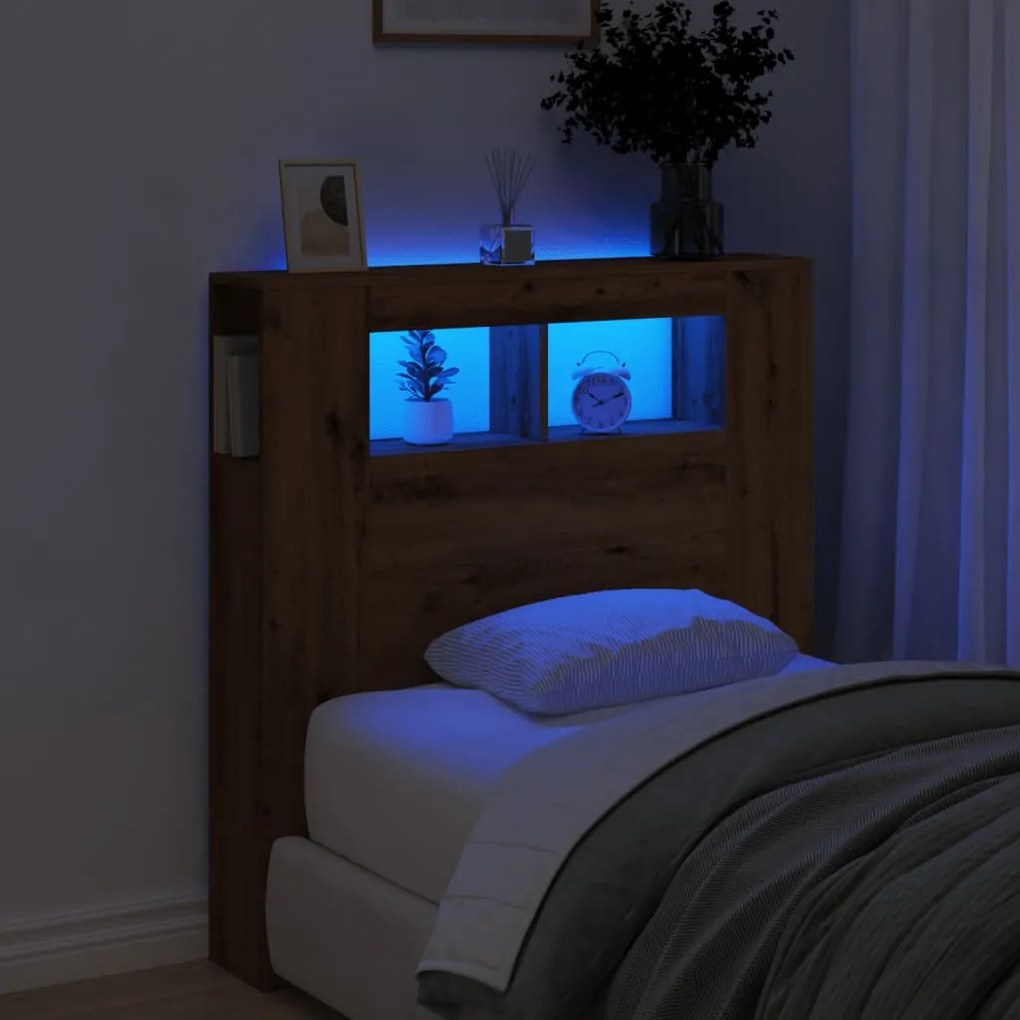 vidaXL Cabeceira com luzes LED derivados de madeira carvalho artisiano